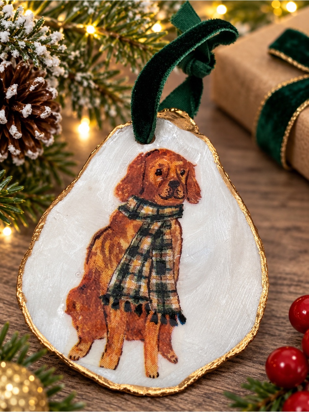 Holiday Oyster Shell Dog Ornament - Green Scarf Design